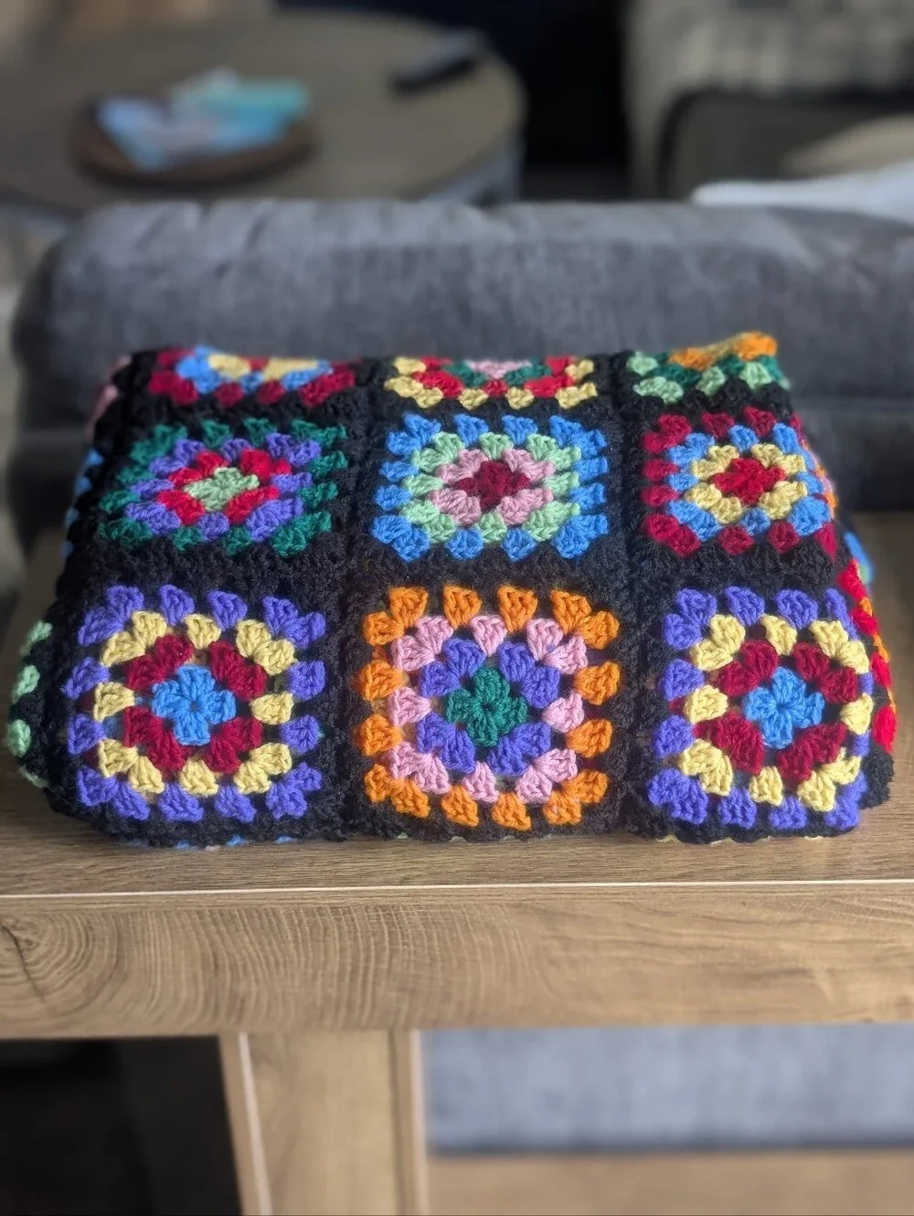 Vintage Granny Square Crochet Throw Blanket Black Multicolor Retro Boho 52 x 66
